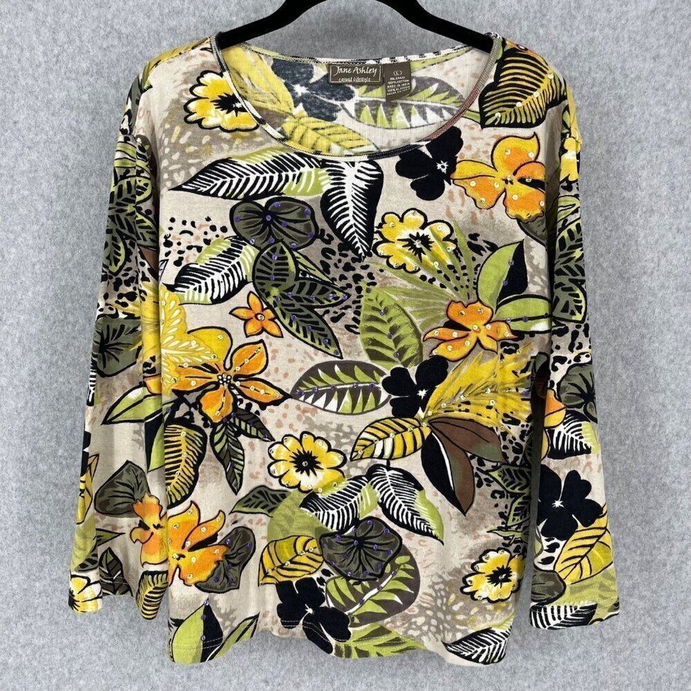 Jane Ashley Womens Floral Sequin Top Size L Tan Yellow Green Casual 3/4 Sleeve